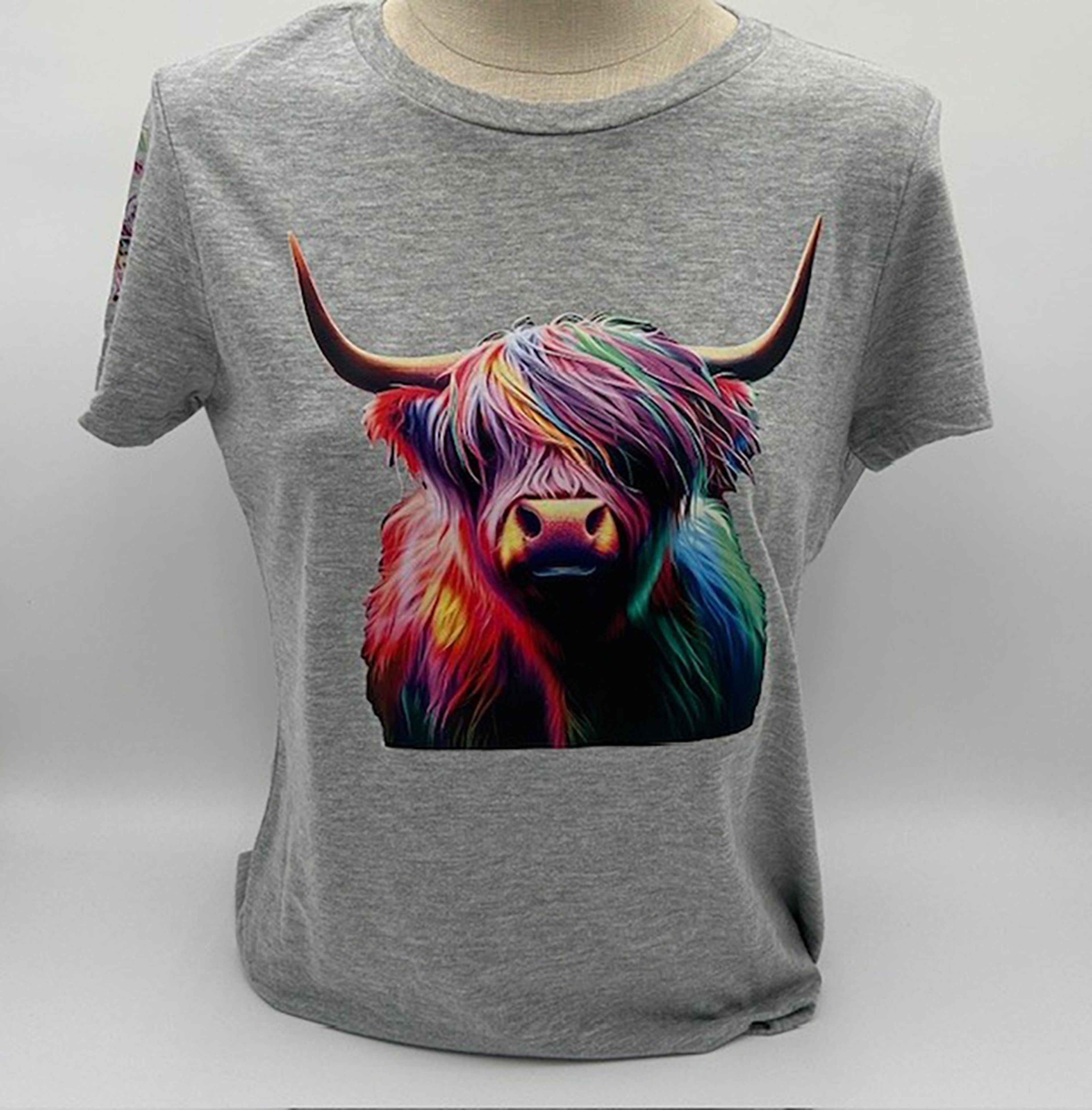 Legend or Lies Womens Neon Highland Cow Grey T-Shirt