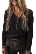 Legend or Lies Black Buttoned V Neck LS Ribbed Top