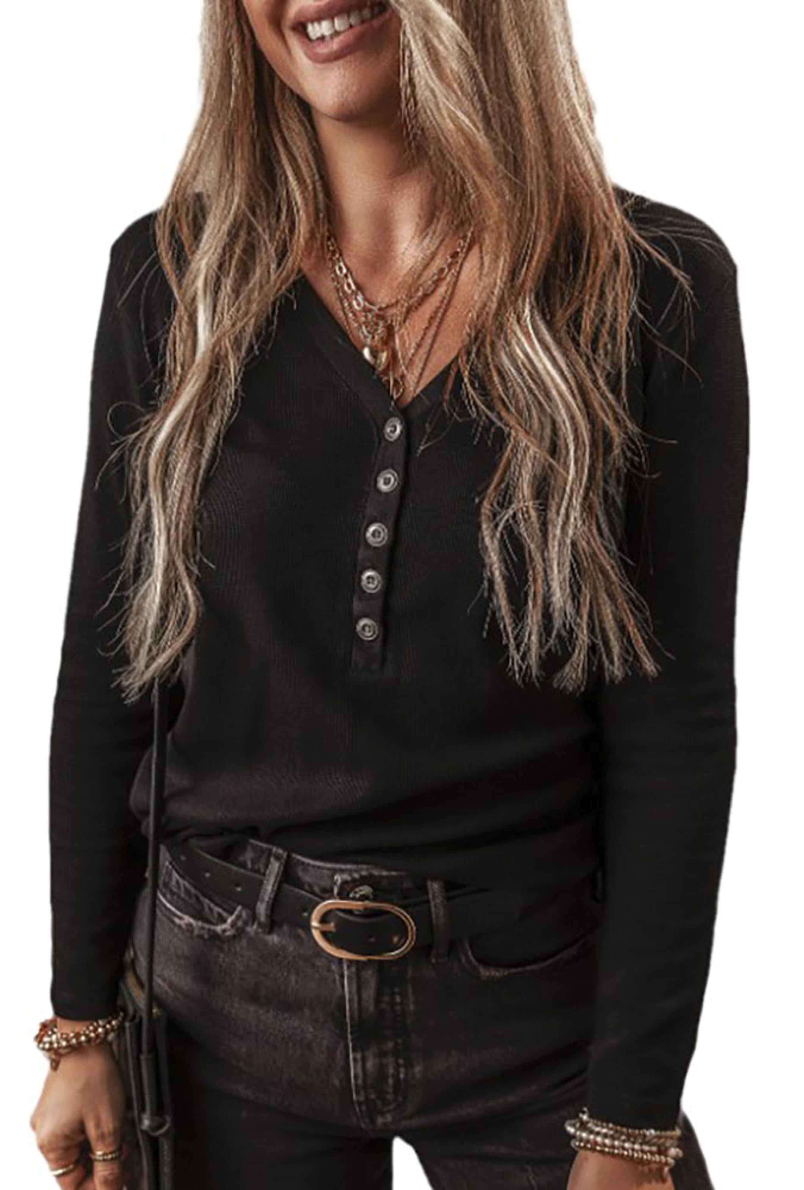Legend or Lies Black Buttoned V Neck LS Ribbed Top