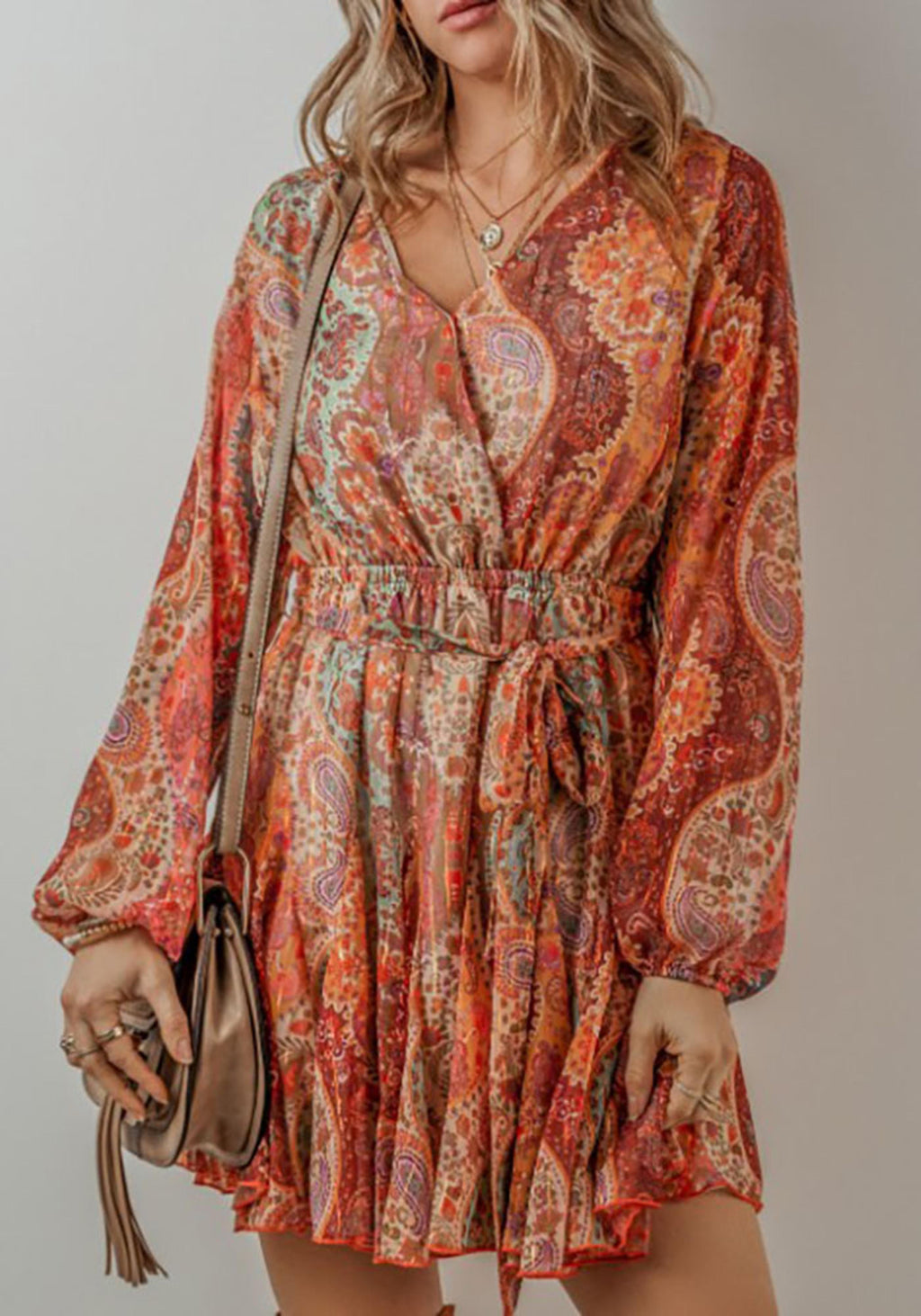 Legend or Lies Orange Boho Paisley LS Pleated Belted Dress