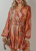 Legend or Lies Orange Boho Paisley LS Pleated Belted Dress