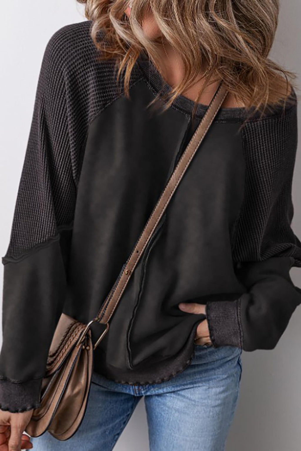 Legend or Lies Solid Waffle Knit Patchwork Raglan Sweatshirt