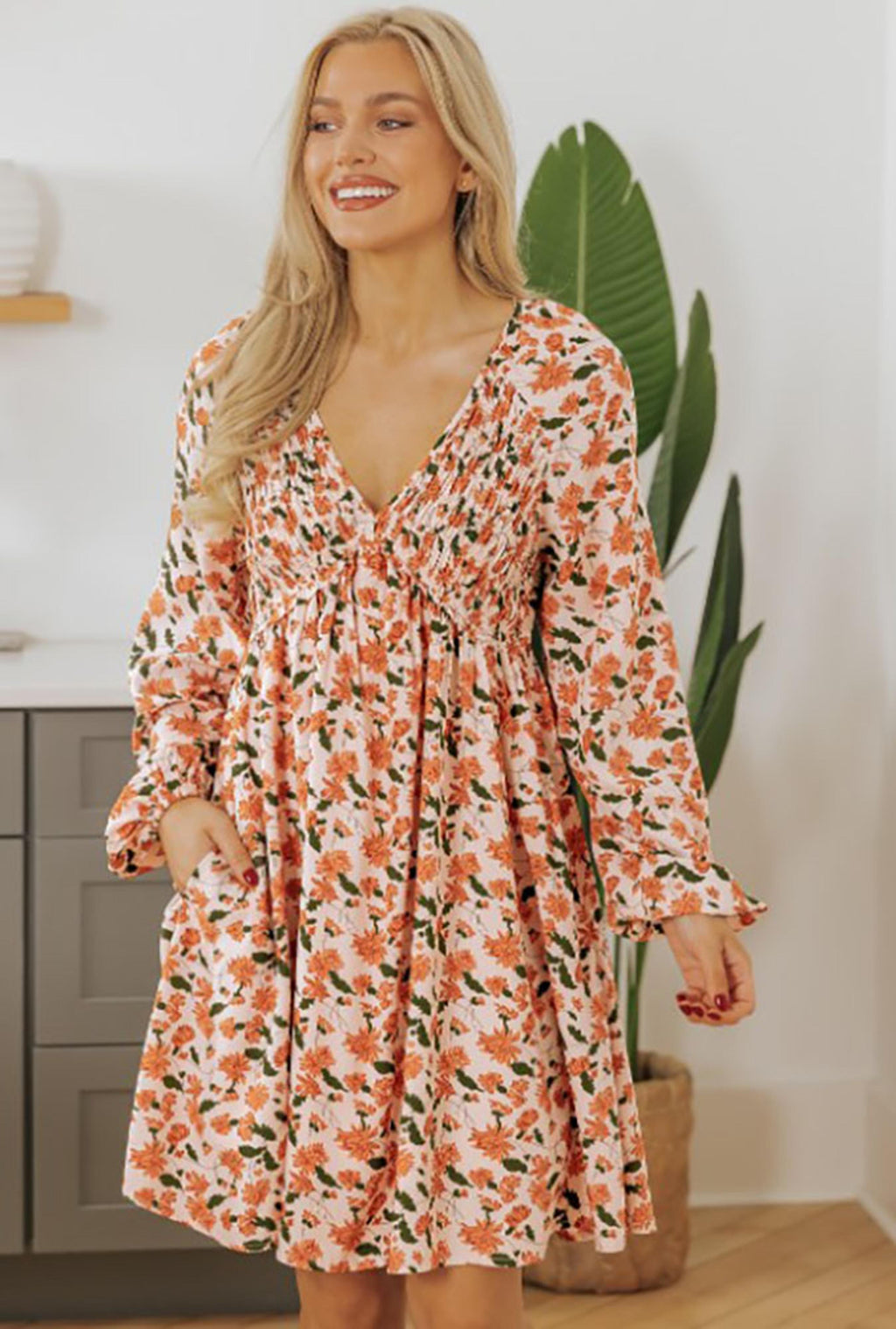 Floral Deep V Neck Smocked Bubble Sleeve Babydoll Dress