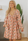 Floral Deep V Neck Smocked Bubble Sleeve Babydoll Dress