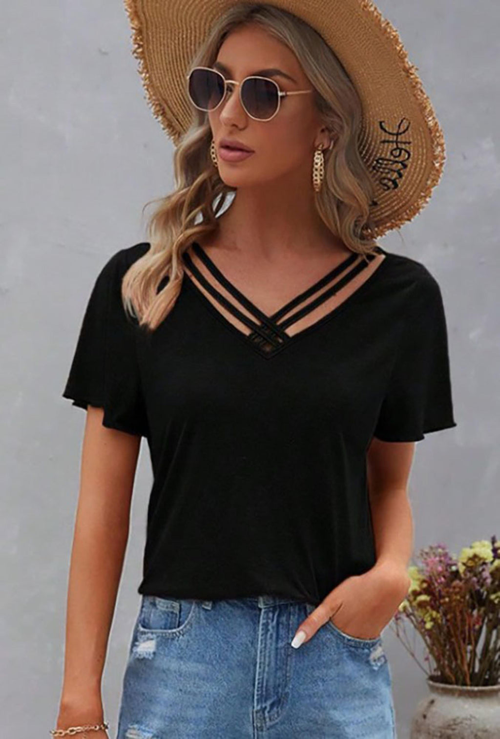 Legend or Lies Crisscross V Neck Butterfly Sleeve Top