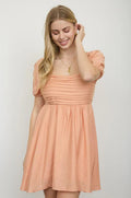 Pleated Bodice Short Puff Sleeve Light Apricot Mini Dress