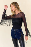 Legend or Lies Long Sleeve Mesh Fringed Womens Top
