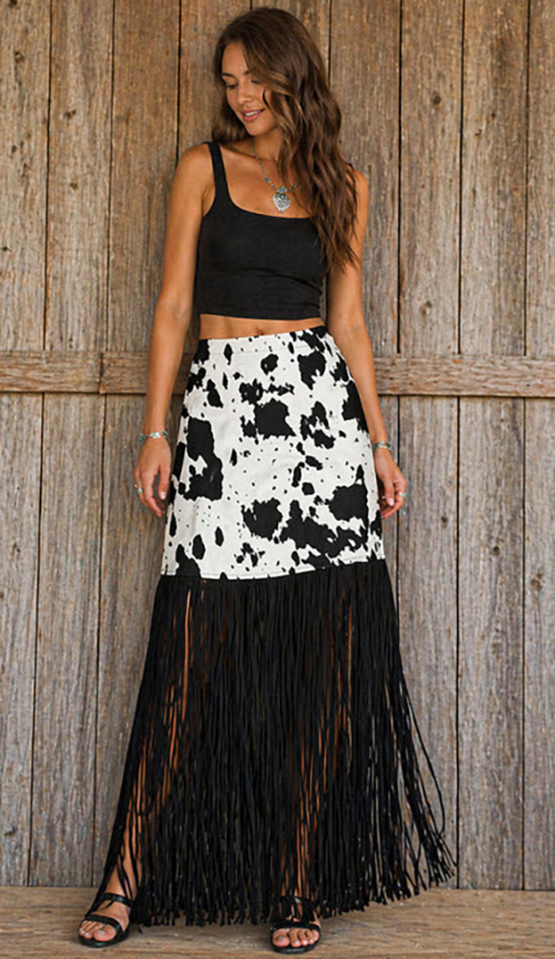 Legend or Lies Womens Fringe Hem Cow Print Mini Skirt