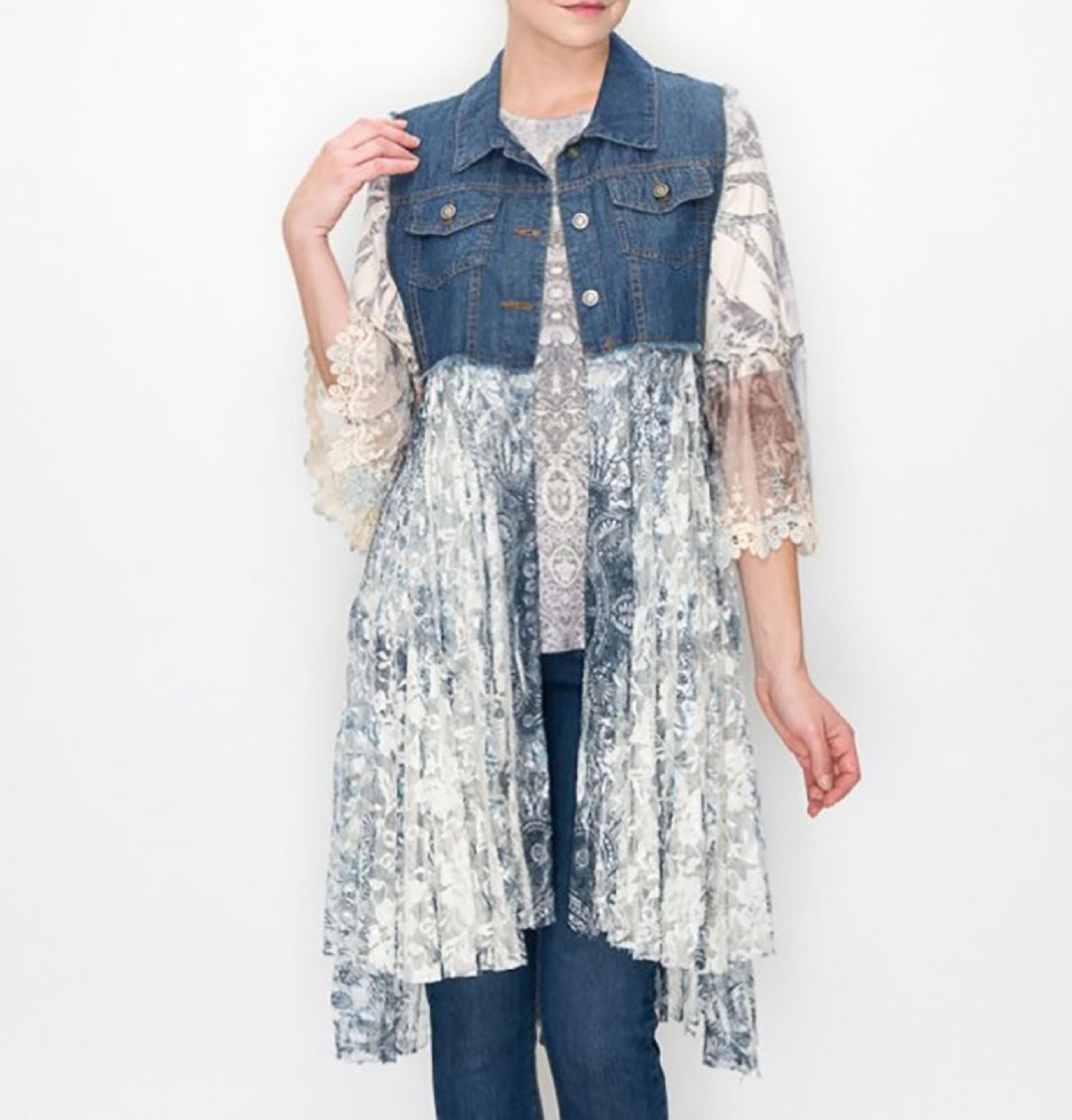 Legend or Lies Blue Denim Vest with Lace Duster Med Grey