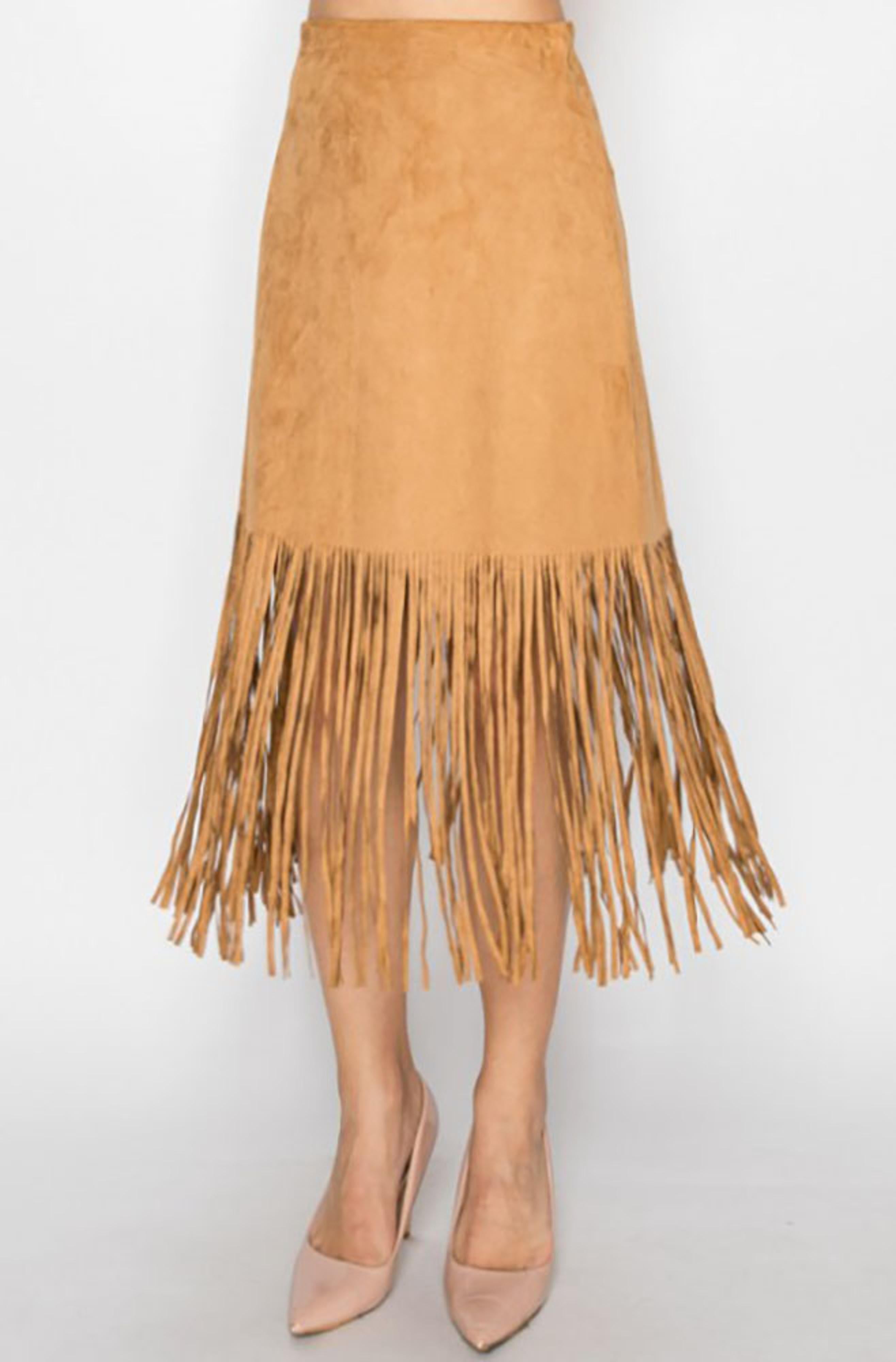 Legend or Lies Faux Suede Camel Color Fringe Skirt