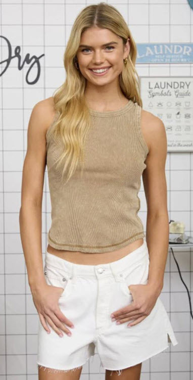 Womens Washed Raw Edge Sleeveless Knit Tank Top