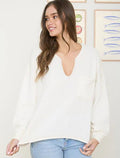 Split Neck Raw Edge Long Sleeve Pocket Ribbed Knit Top