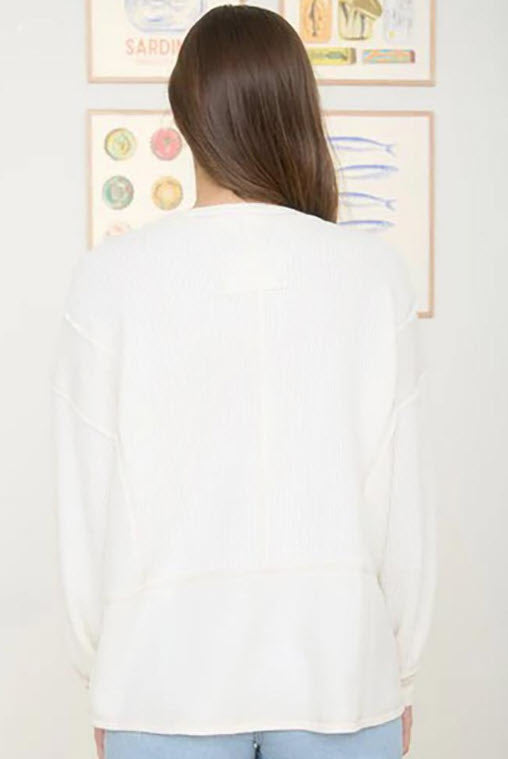 Split Neck Raw Edge Long Sleeve Pocket Ribbed Knit Top