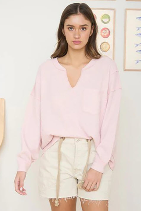 Split Neck Raw Edge Long Sleeve Pocket Ribbed Knit Top