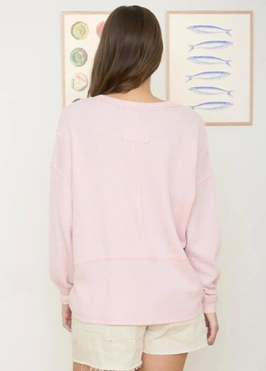 Split Neck Raw Edge Long Sleeve Pocket Ribbed Knit Top