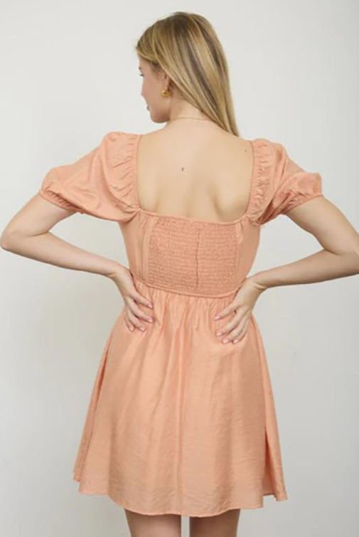 Pleated Bodice Short Puff Sleeve Light Apricot Mini Dress