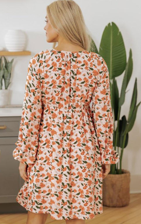 Floral Deep V Neck Smocked Bubble Sleeve Babydoll Dress