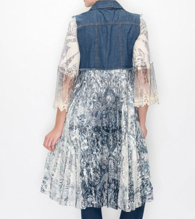 Legend or Lies Blue Denim Vest with Lace Duster Med Grey