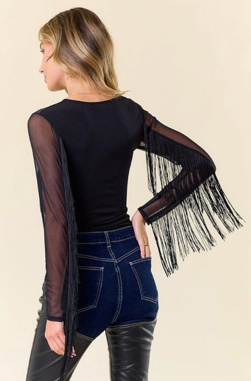 Legend or Lies Long Sleeve Mesh Fringed Womens Top