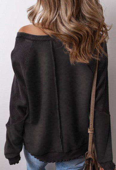 Legend or Lies Solid Waffle Knit Patchwork Raglan Sweatshirt