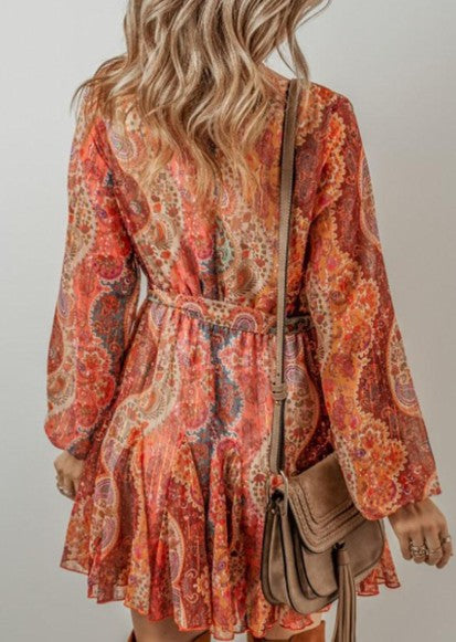 Legend or Lies Orange Boho Paisley LS Pleated Belted Dress
