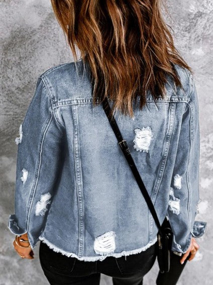 Legend or Lies Lapel Distressed Raw Hem Denim Jacket