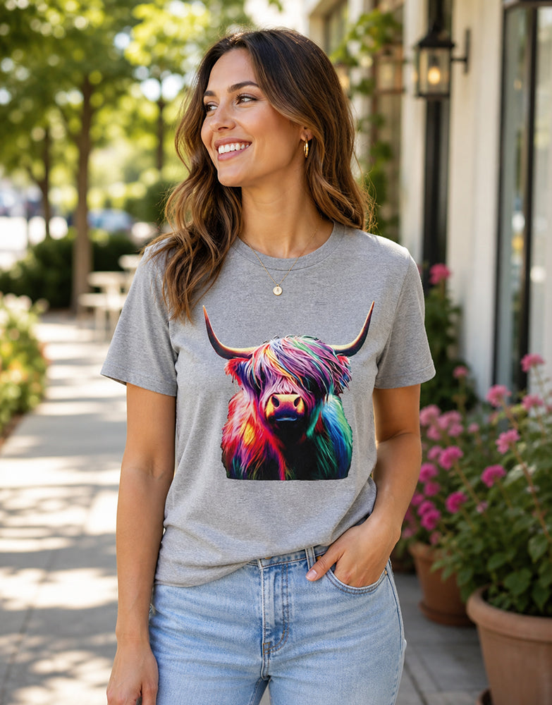Legend or Lies Womens Neon Highland Cow Grey T-Shirt